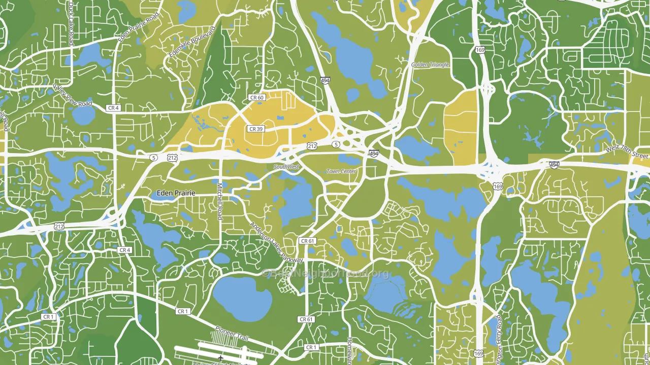 Map of the best neighborhoods in the 55344 area, with better matches in green and worse matches in red