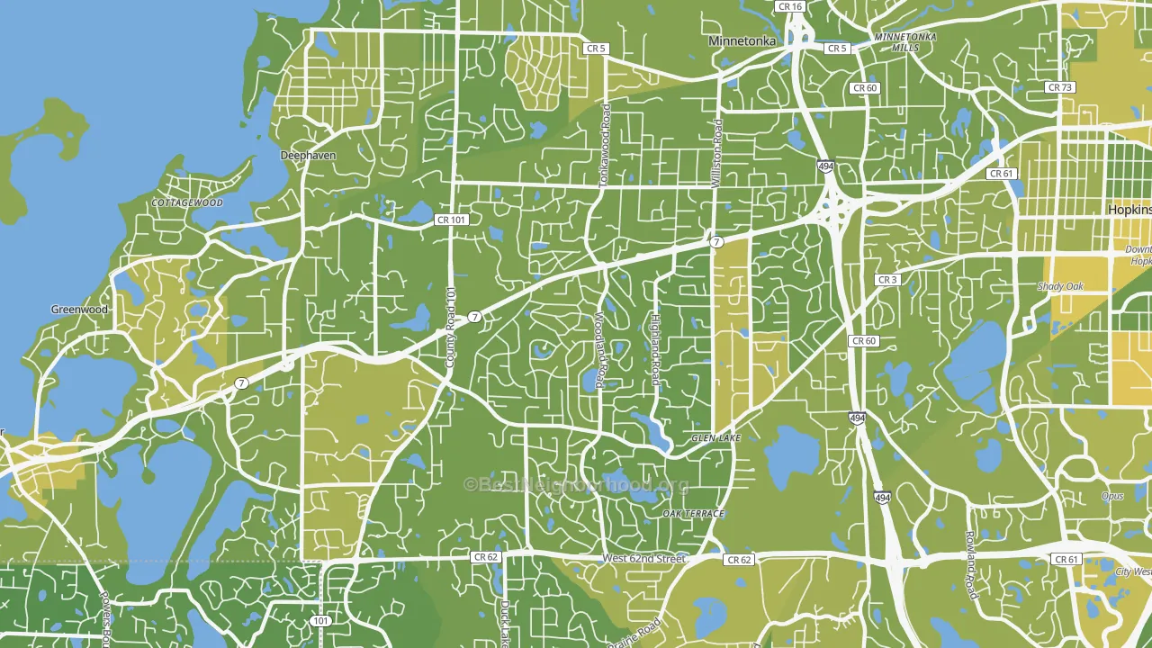 Map of the best neighborhoods in the 55345 area, with better matches in green and worse matches in red