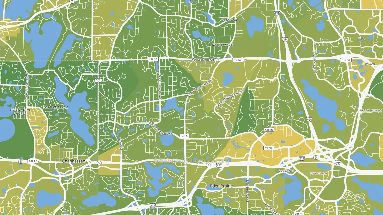 Map of the best neighborhoods in the 55346 area, with better matches in green and worse matches in red
