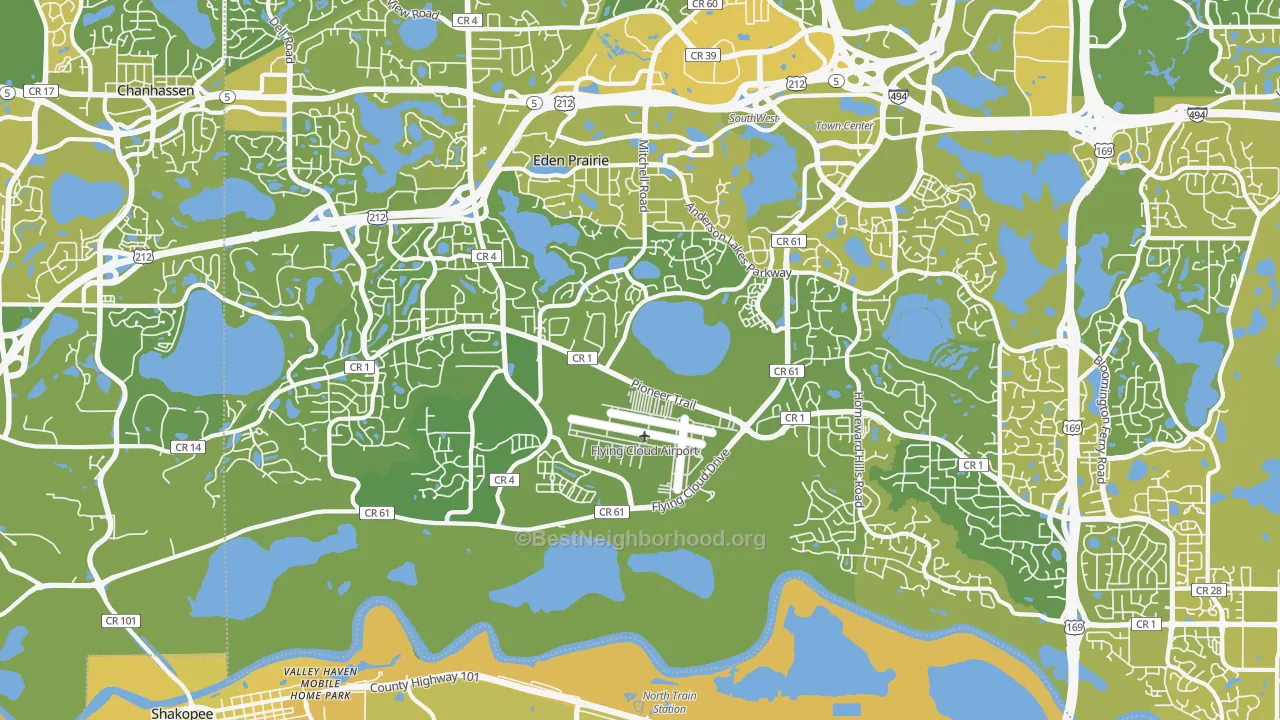 Map of the best neighborhoods in the 55347 area, with better matches in green and worse matches in red