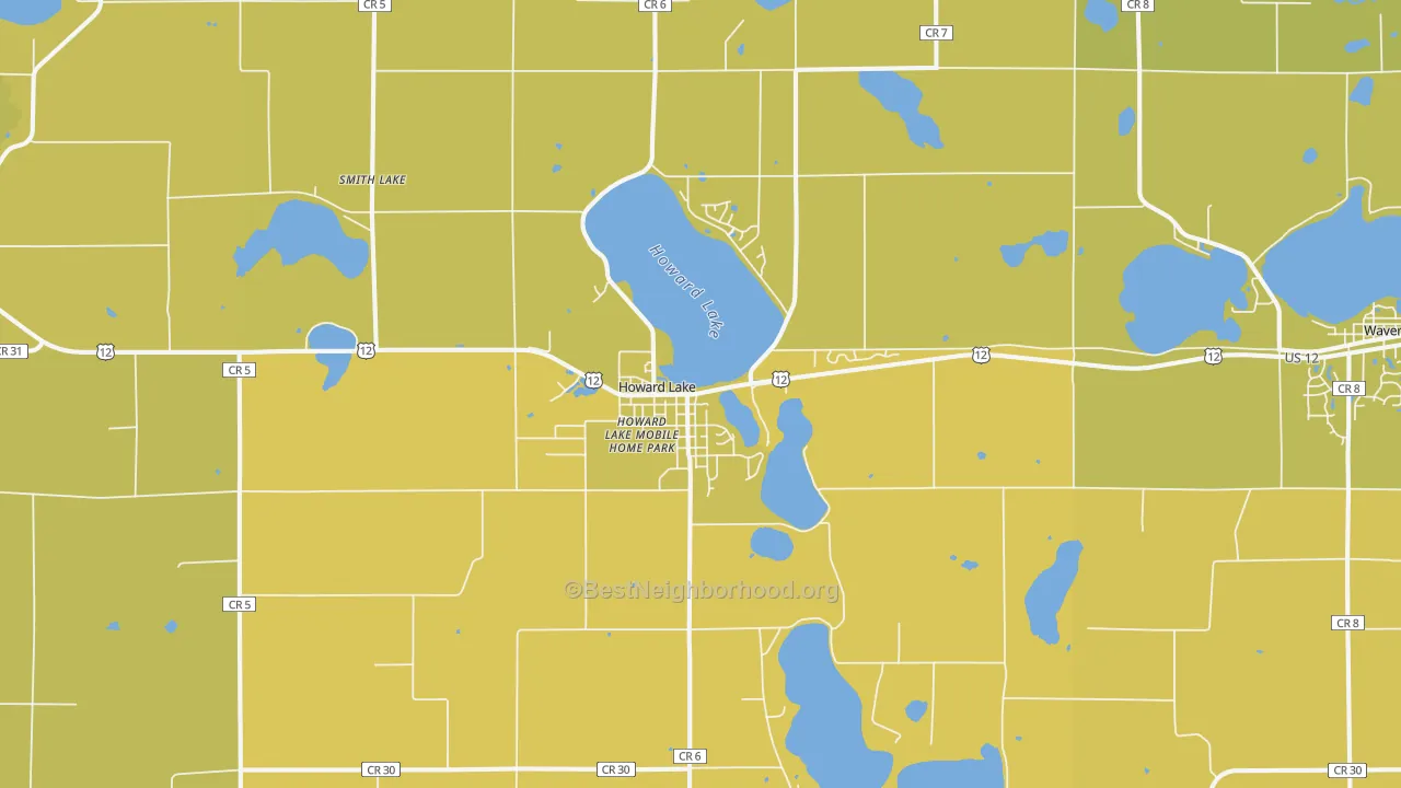Map of the best neighborhoods in the 55349 area, with better matches in green and worse matches in red