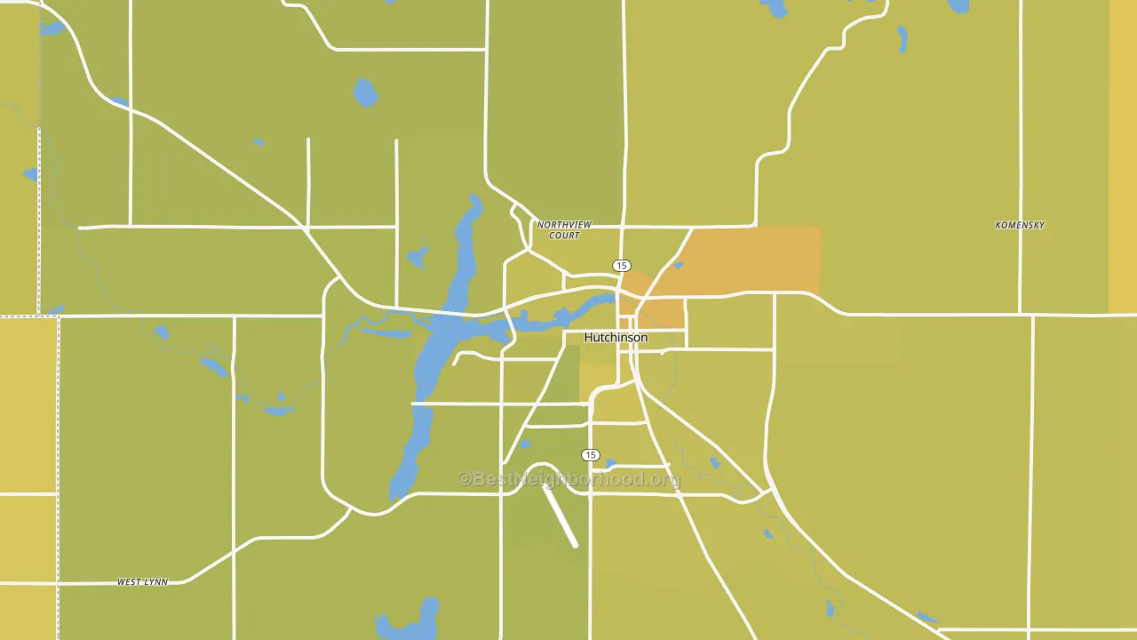 Map of the best neighborhoods in the 55350 area, with better matches in green and worse matches in red