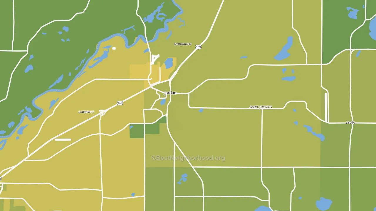 Map of the best neighborhoods in the 55352 area, with better matches in green and worse matches in red