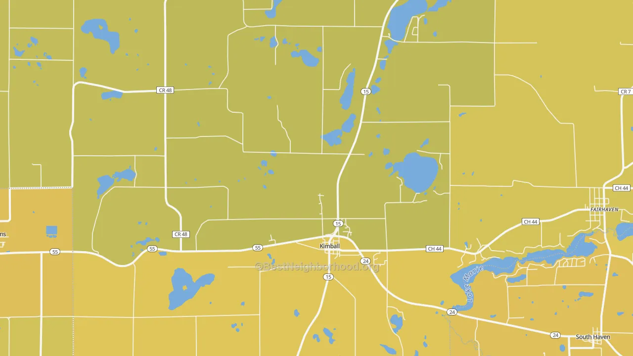 Map of the best neighborhoods in the 55353 area, with better matches in green and worse matches in red