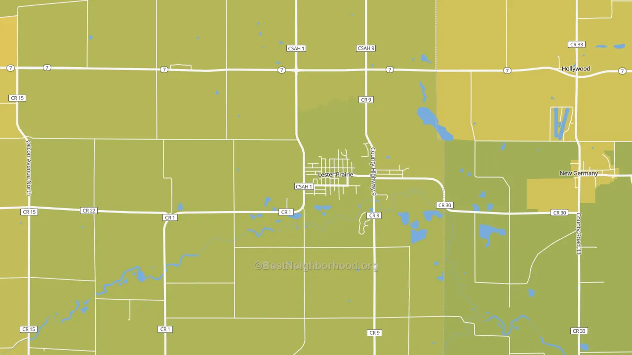 Map of the best neighborhoods in the 55354 area, with better matches in green and worse matches in red