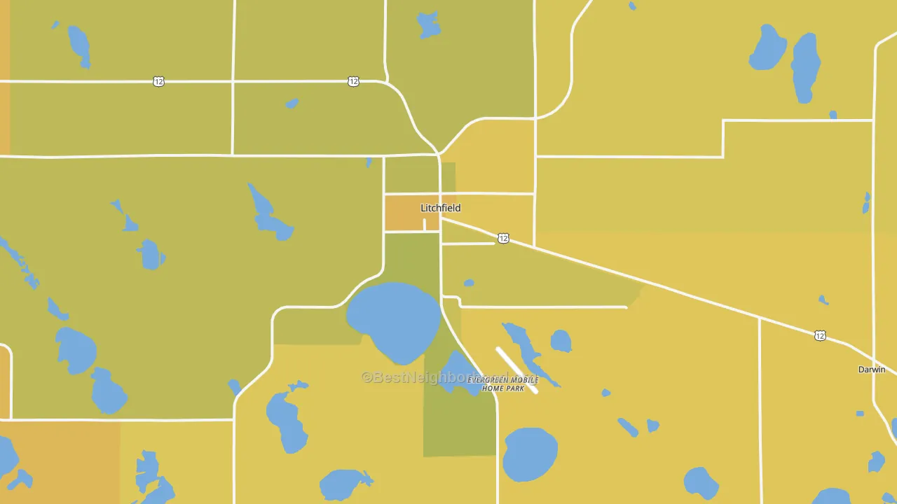Map of the best neighborhoods in the 55355 area, with better matches in green and worse matches in red