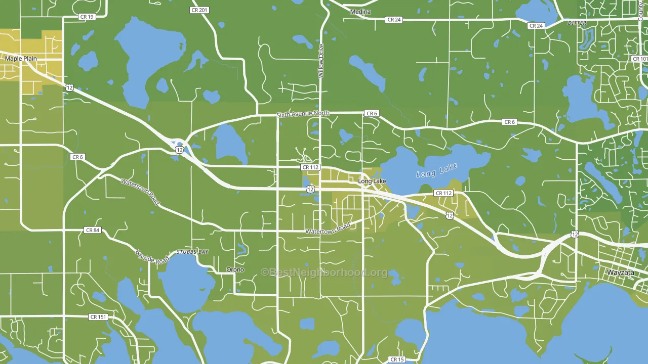 Map of the best neighborhoods in the 55356 area, with better matches in green and worse matches in red