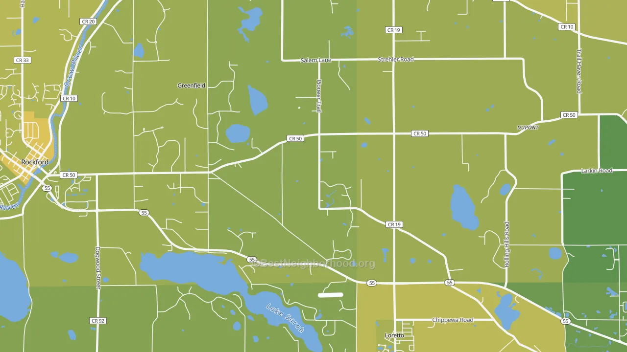 Map of the best neighborhoods in the 55357 area, with better matches in green and worse matches in red