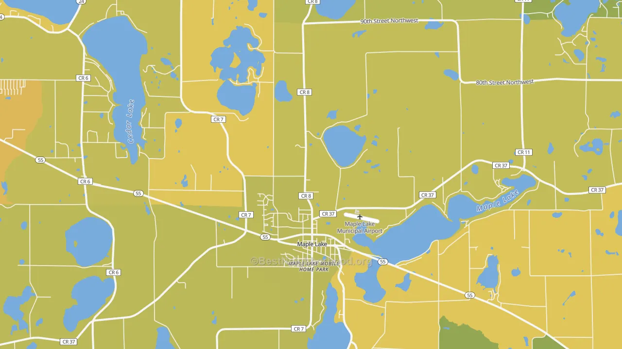 Map of the best neighborhoods in the 55358 area, with better matches in green and worse matches in red
