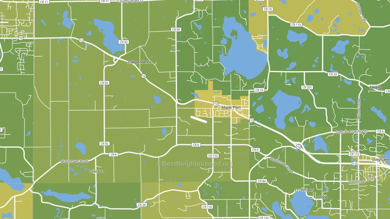 Map of the best neighborhoods in the 55359 area, with better matches in green and worse matches in red