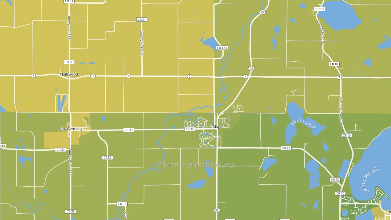 Map of the best neighborhoods in the 55360 area, with better matches in green and worse matches in red