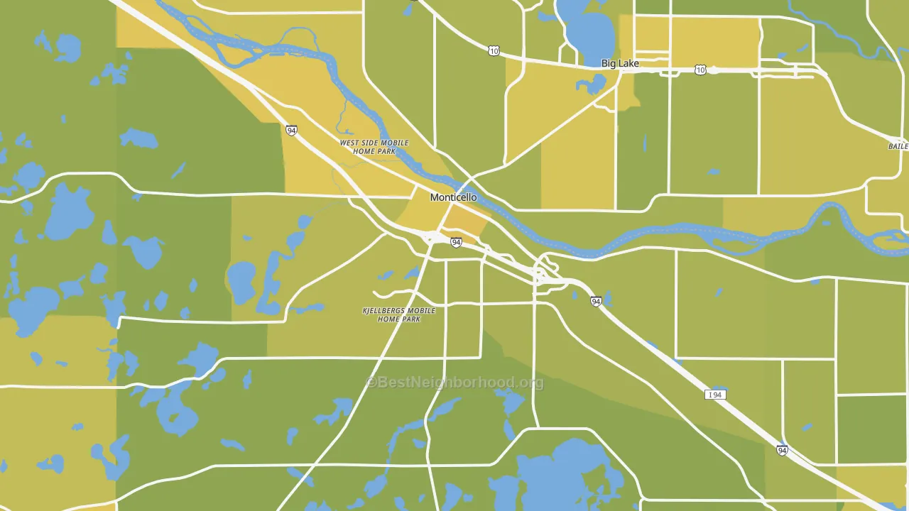 Map of the best neighborhoods in the 55362 area, with better matches in green and worse matches in red