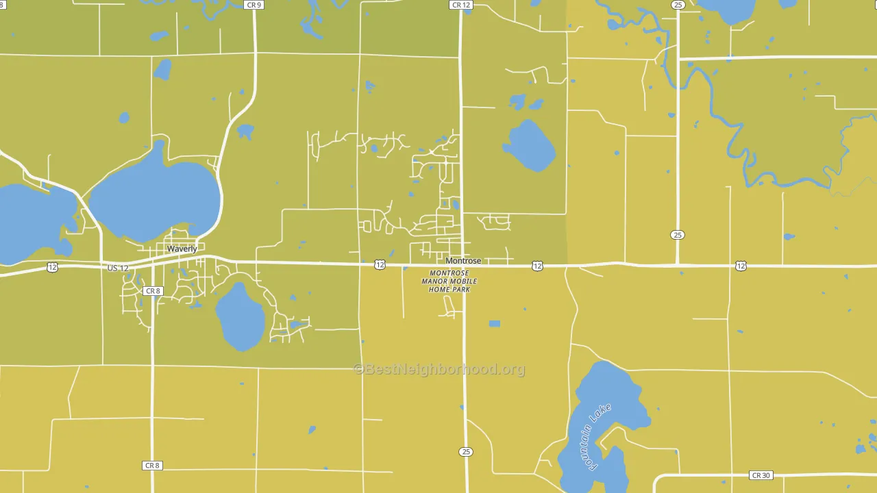 Map of the best neighborhoods in the 55363 area, with better matches in green and worse matches in red
