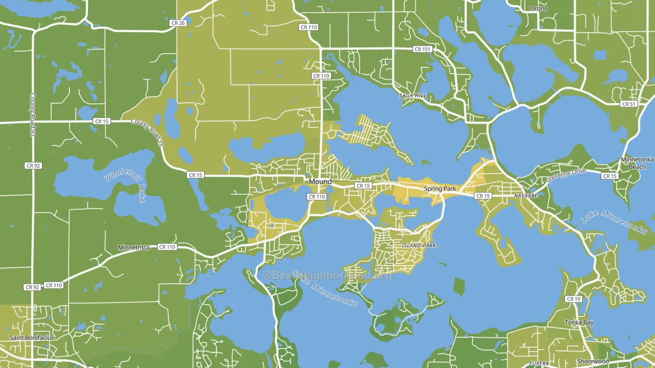 Map of the best neighborhoods in the 55364 area, with better matches in green and worse matches in red