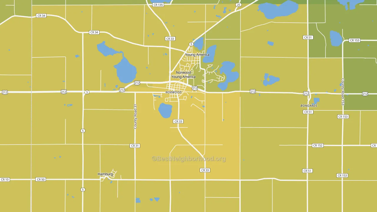 Map of the best neighborhoods in the 55368 area, with better matches in green and worse matches in red