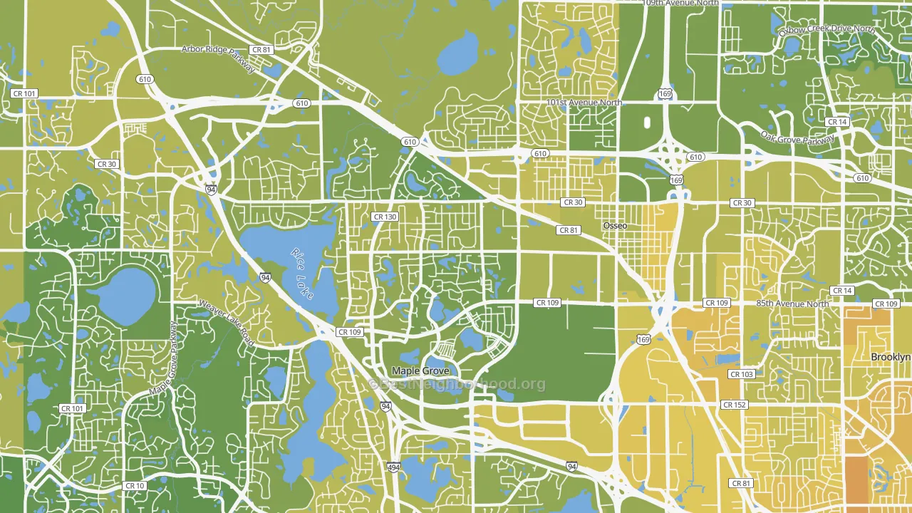 Map of the best neighborhoods in the 55369 area, with better matches in green and worse matches in red