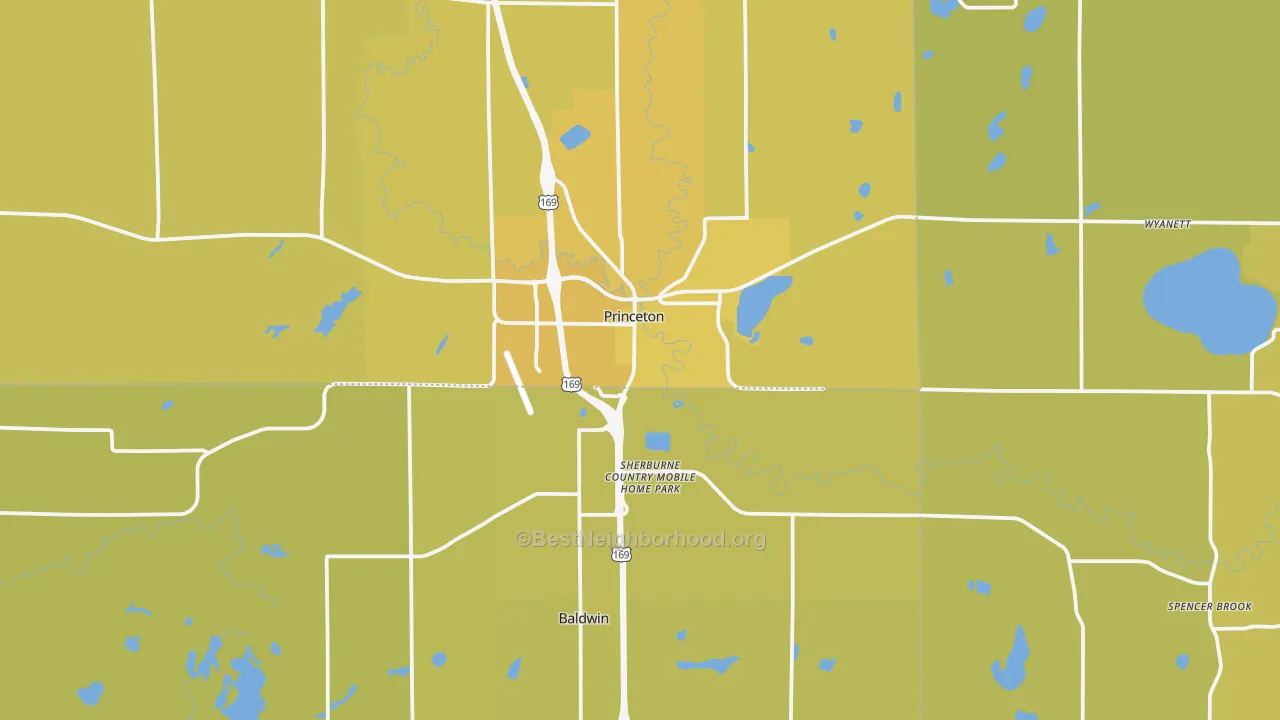 Map of the best neighborhoods in the 55371 area, with better matches in green and worse matches in red
