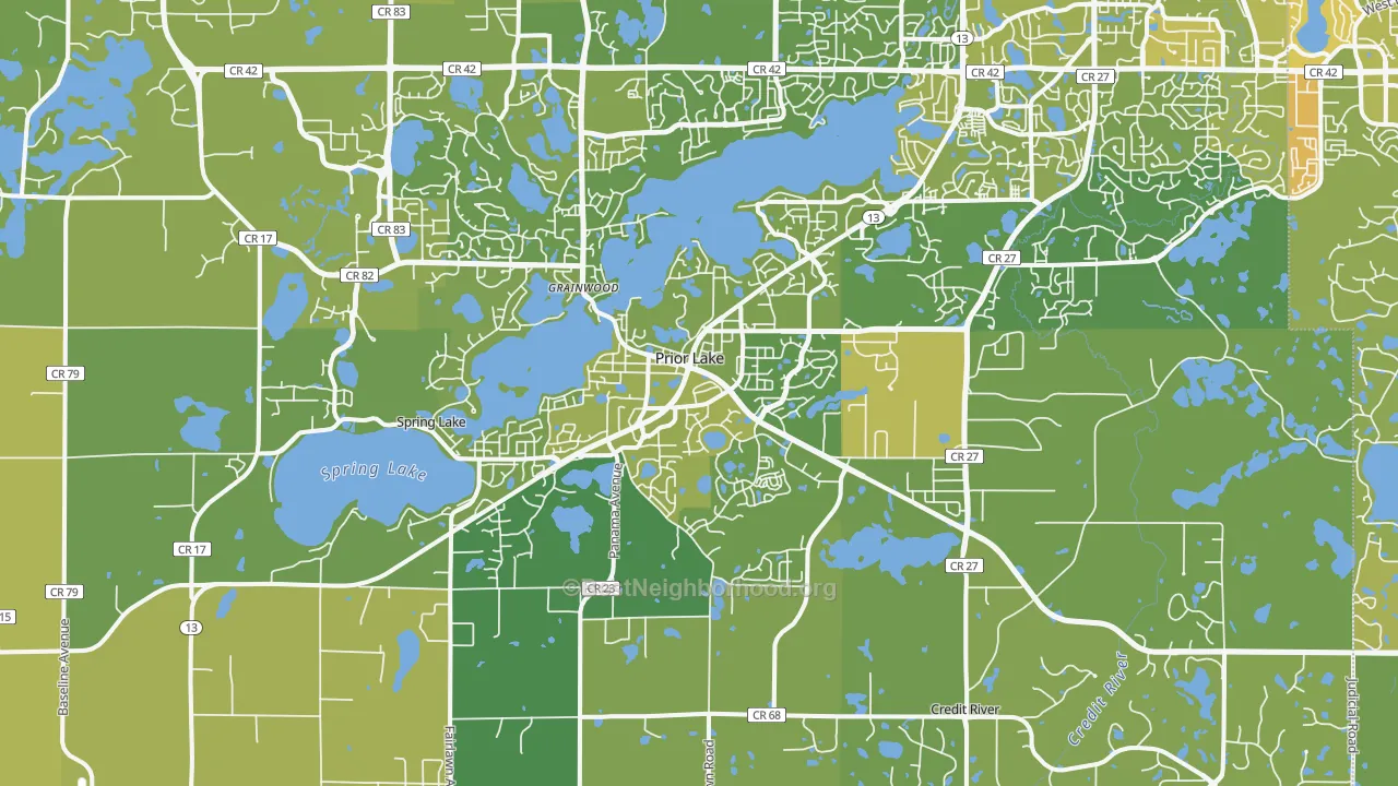 Map of the best neighborhoods in the 55372 area, with better matches in green and worse matches in red