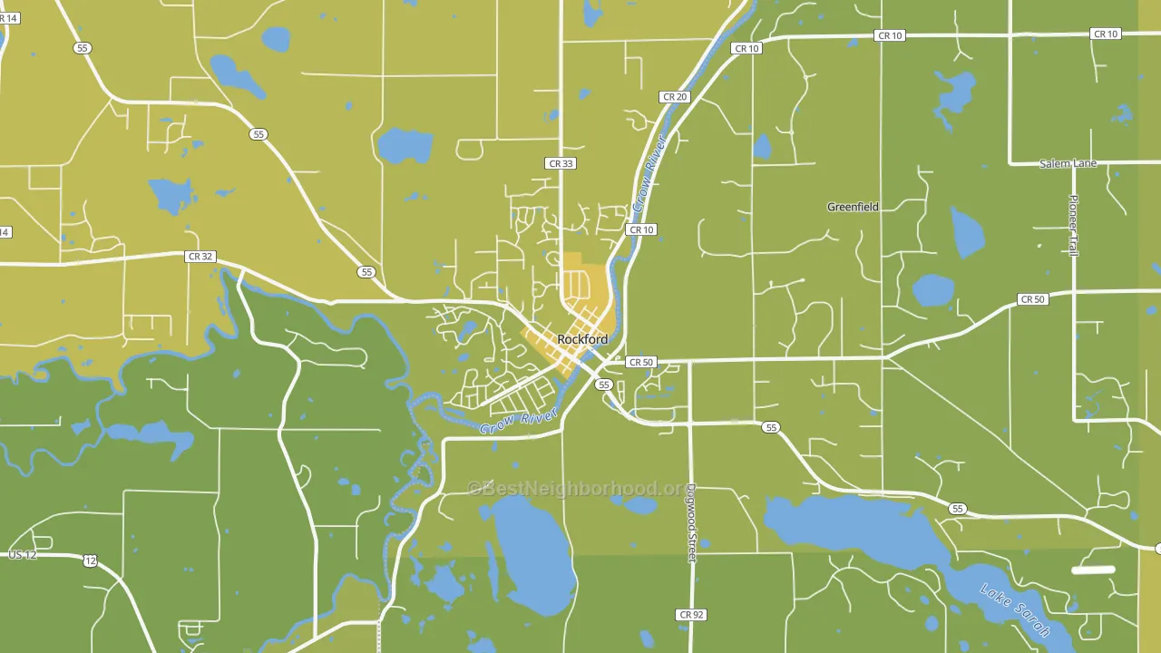 Map of the best neighborhoods in the 55373 area, with better matches in green and worse matches in red