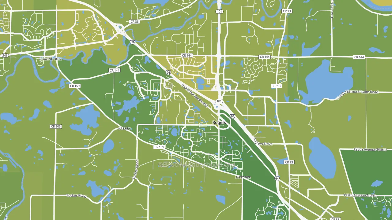 Map of the best neighborhoods in the 55374 area, with better matches in green and worse matches in red