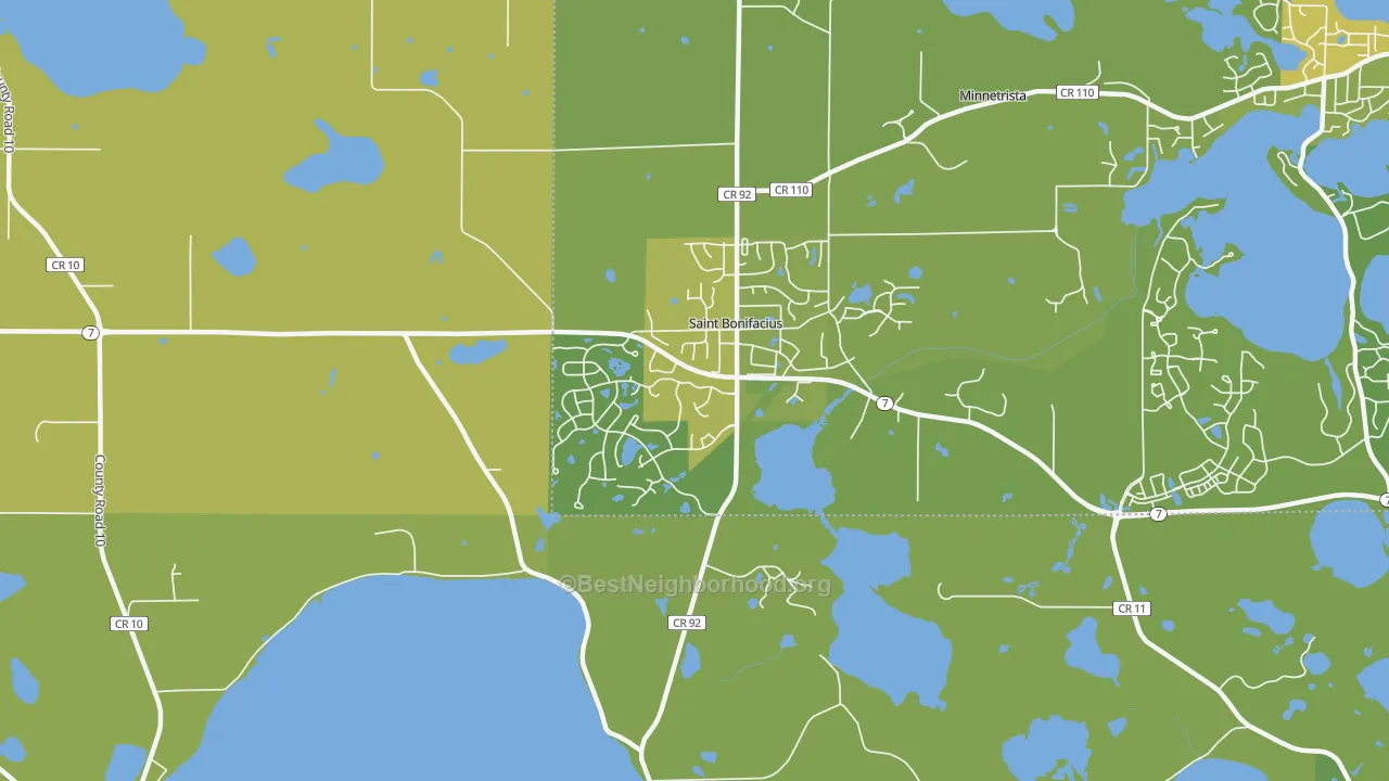 Map of the best neighborhoods in the 55375 area, with better matches in green and worse matches in red