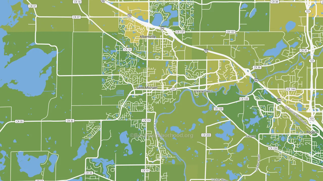 Map of the best neighborhoods in the 55376 area, with better matches in green and worse matches in red
