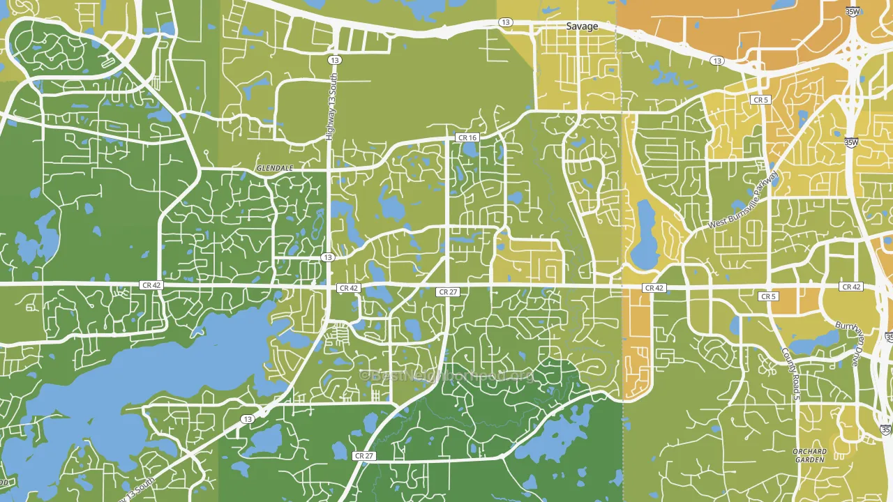 Map of the best neighborhoods in the 55378 area, with better matches in green and worse matches in red