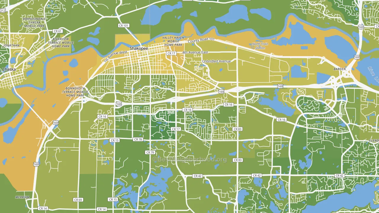 Map of the best neighborhoods in the 55379 area, with better matches in green and worse matches in red