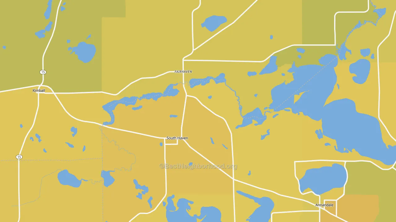 Map of the best neighborhoods in the 55382 area, with better matches in green and worse matches in red