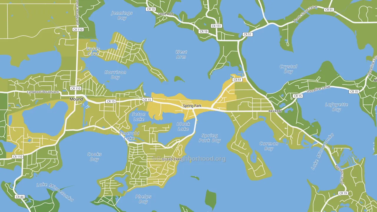 Map of the best neighborhoods in the 55384 area, with better matches in green and worse matches in red