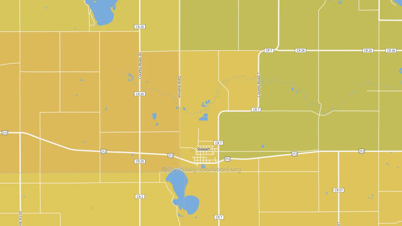 Map of the best neighborhoods in the 55385 area, with better matches in green and worse matches in red