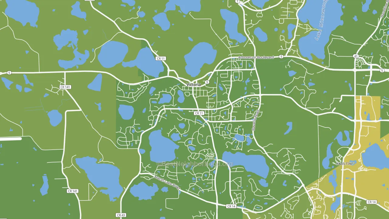 Map of the best neighborhoods in the 55386 area, with better matches in green and worse matches in red