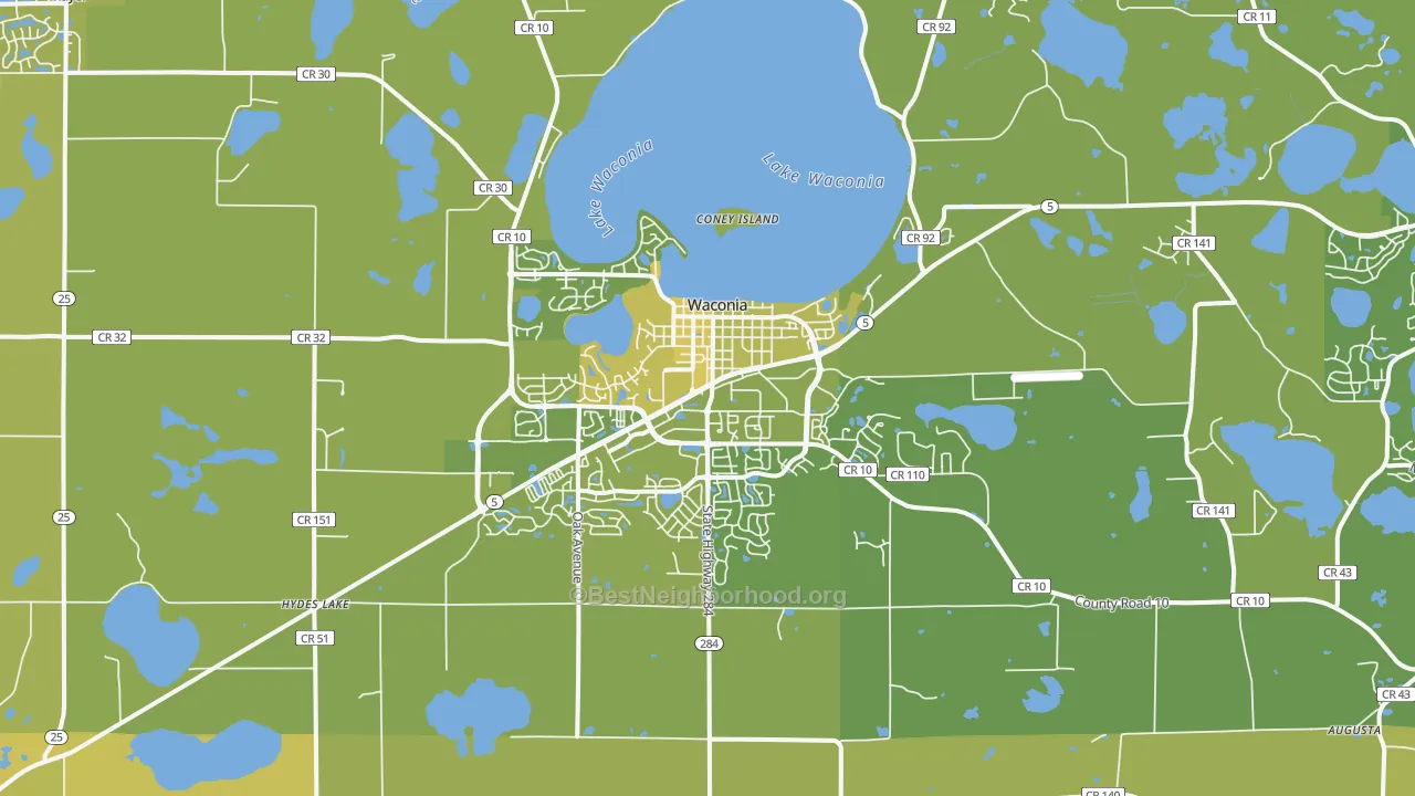 Map of the best neighborhoods in the 55387 area, with better matches in green and worse matches in red