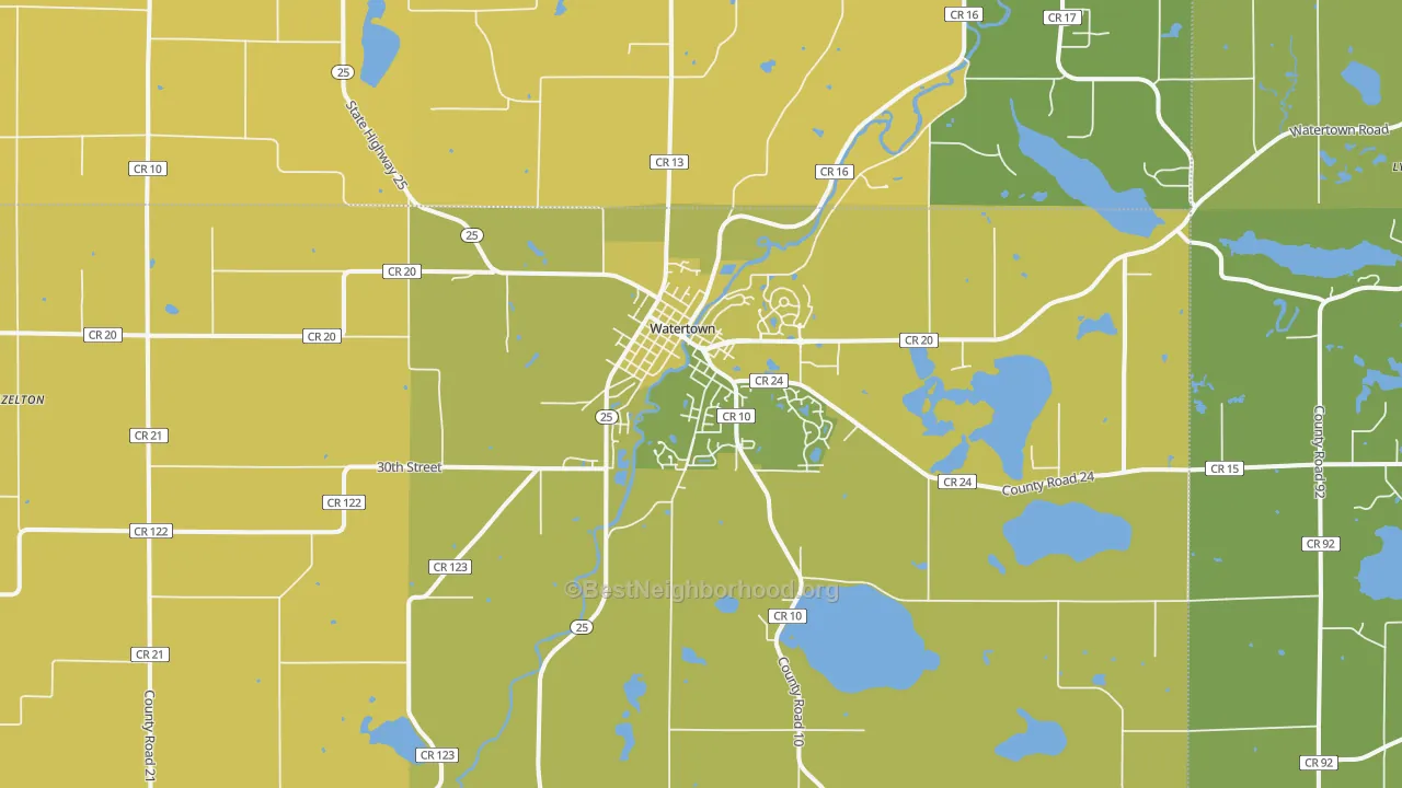 Map of the best neighborhoods in the 55388 area, with better matches in green and worse matches in red