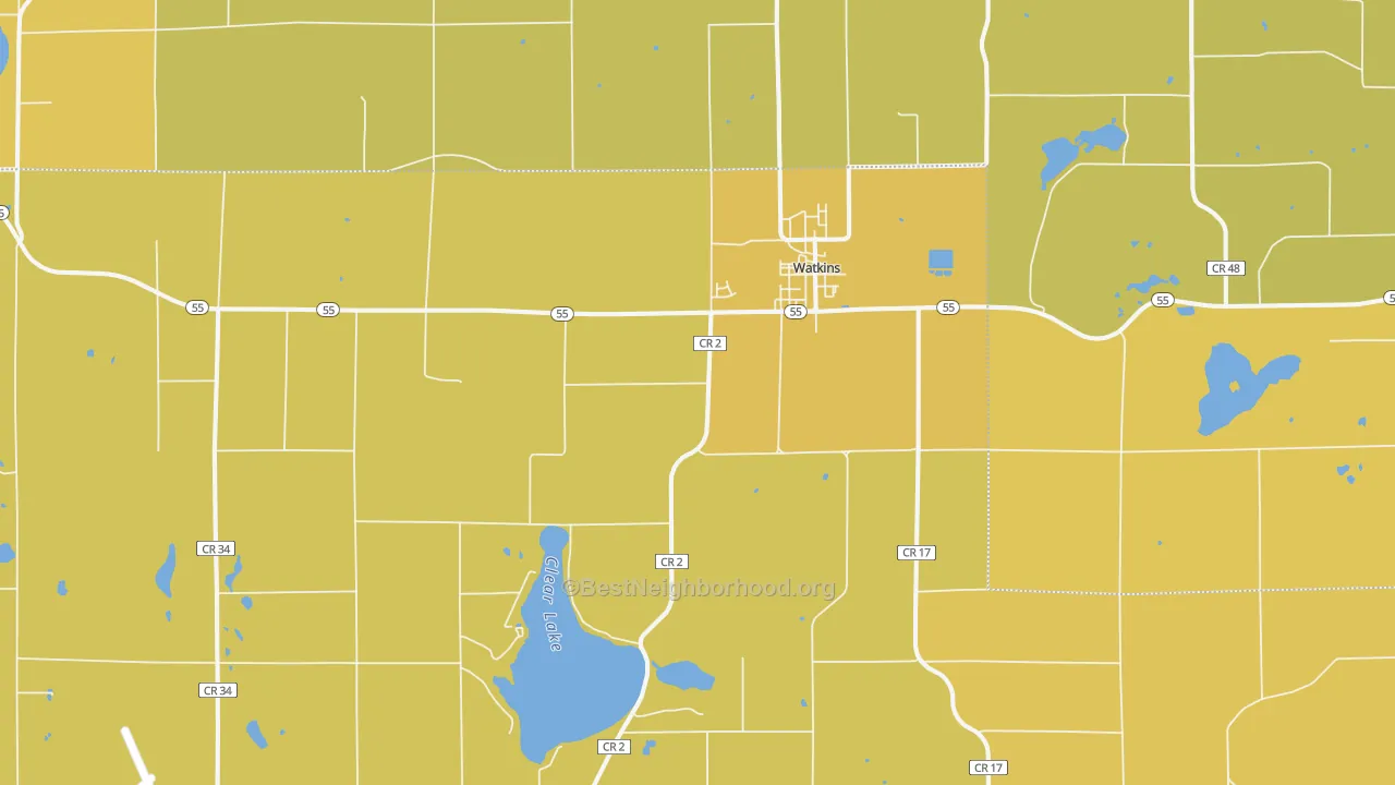 Map of the best neighborhoods in the 55389 area, with better matches in green and worse matches in red
