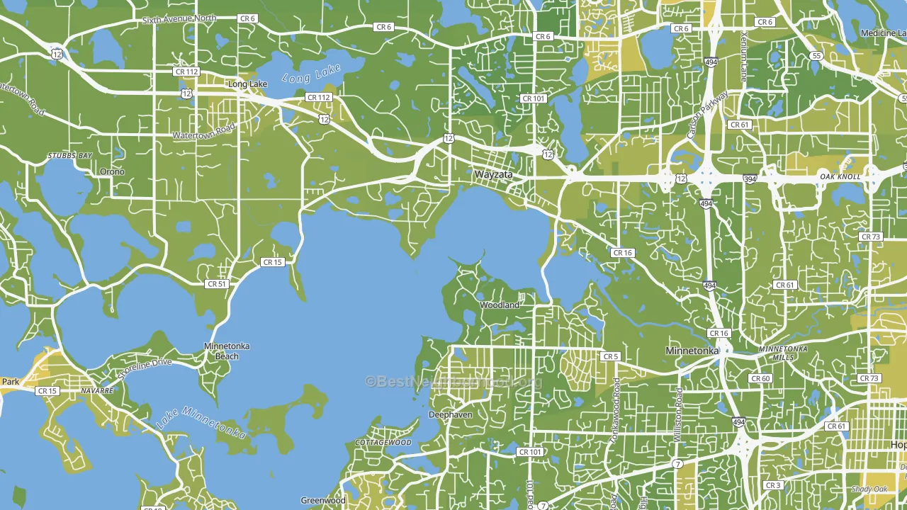 Map of the best neighborhoods in the 55391 area, with better matches in green and worse matches in red