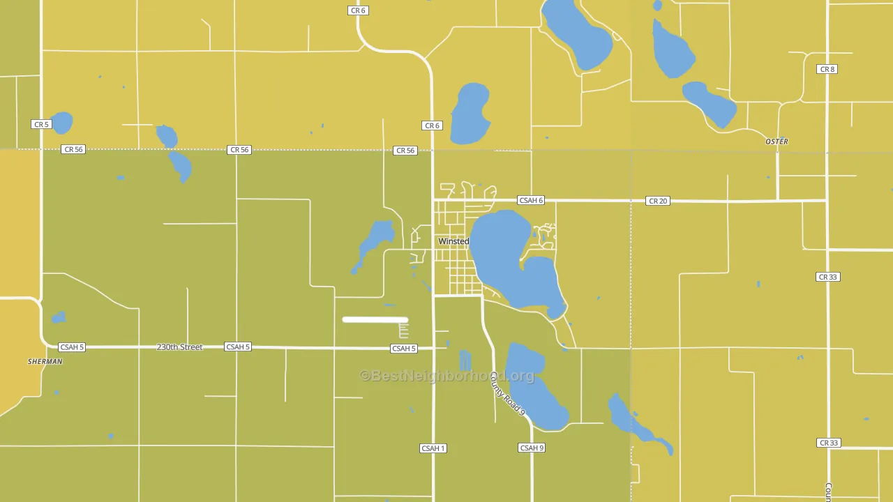 Map of the best neighborhoods in the 55395 area, with better matches in green and worse matches in red