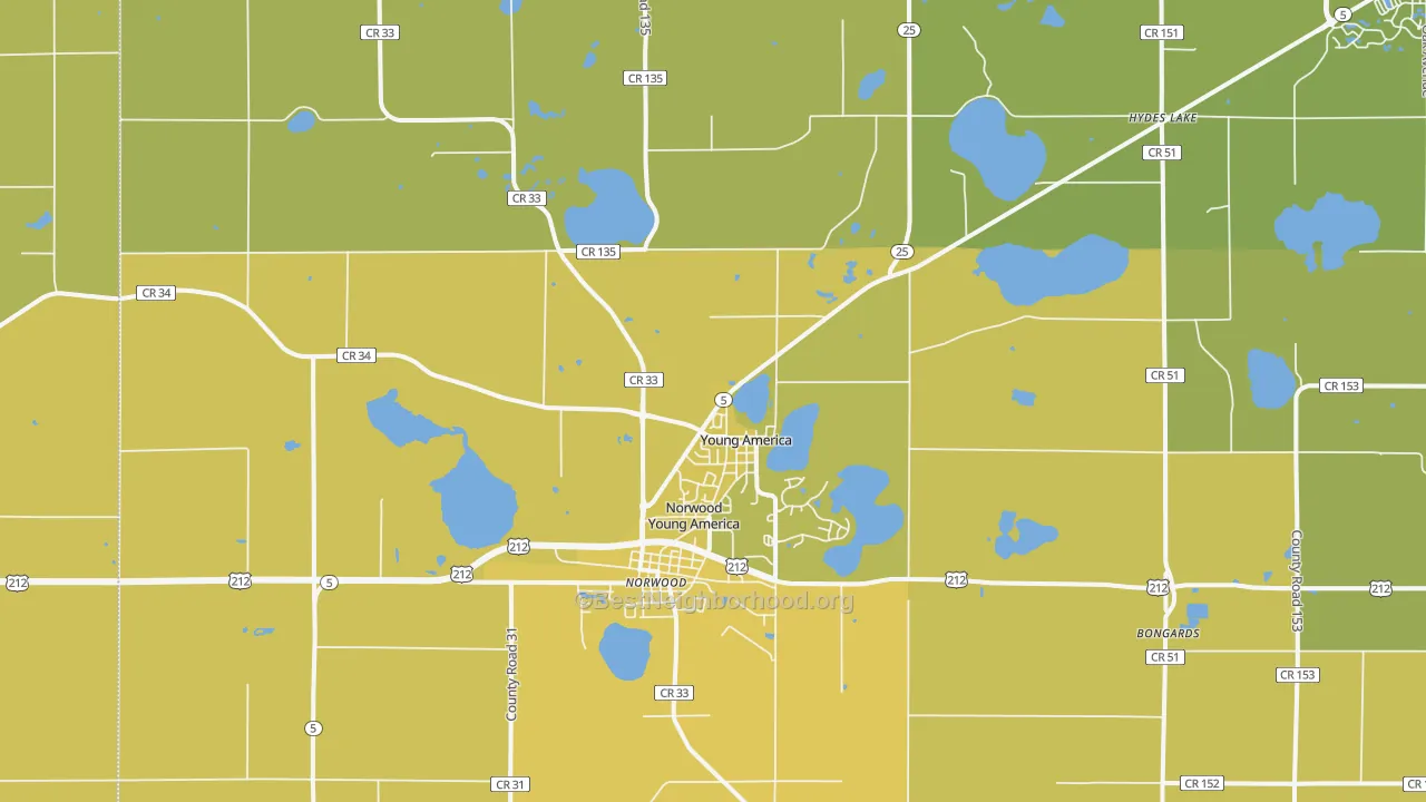 Map of the best neighborhoods in the 55397 area, with better matches in green and worse matches in red