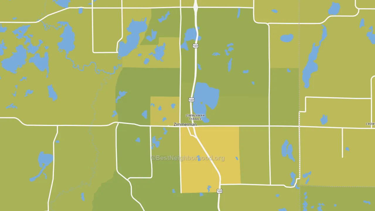 Map of the best neighborhoods in the 55398 area, with better matches in green and worse matches in red