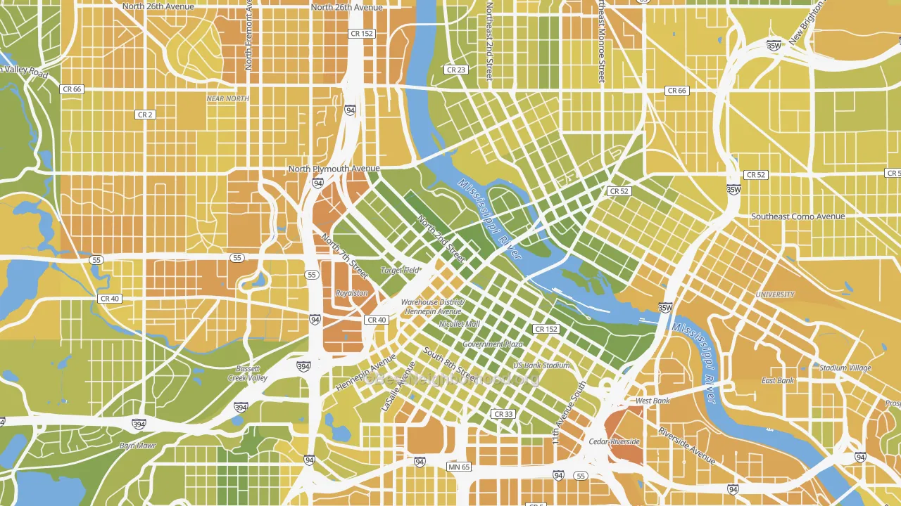 Map of the best neighborhoods in the 55401 area, with better matches in green and worse matches in red