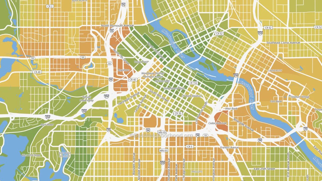 Map of the best neighborhoods in the 55402 area, with better matches in green and worse matches in red