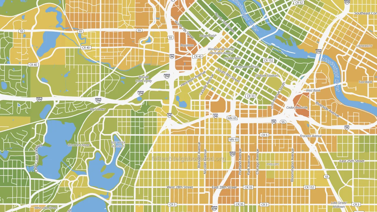 Map of the best neighborhoods in the 55403 area, with better matches in green and worse matches in red