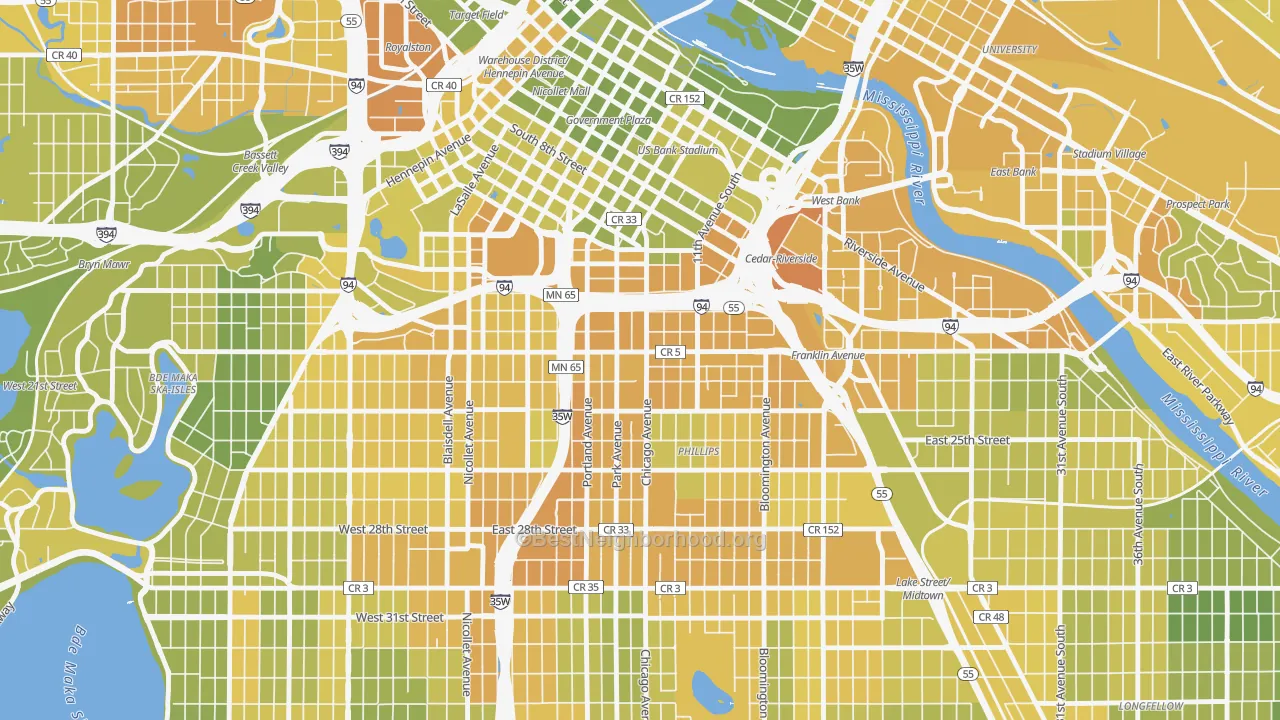 Map of the best neighborhoods in the 55404 area, with better matches in green and worse matches in red