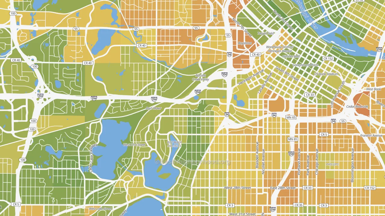 Map of the best neighborhoods in the 55405 area, with better matches in green and worse matches in red