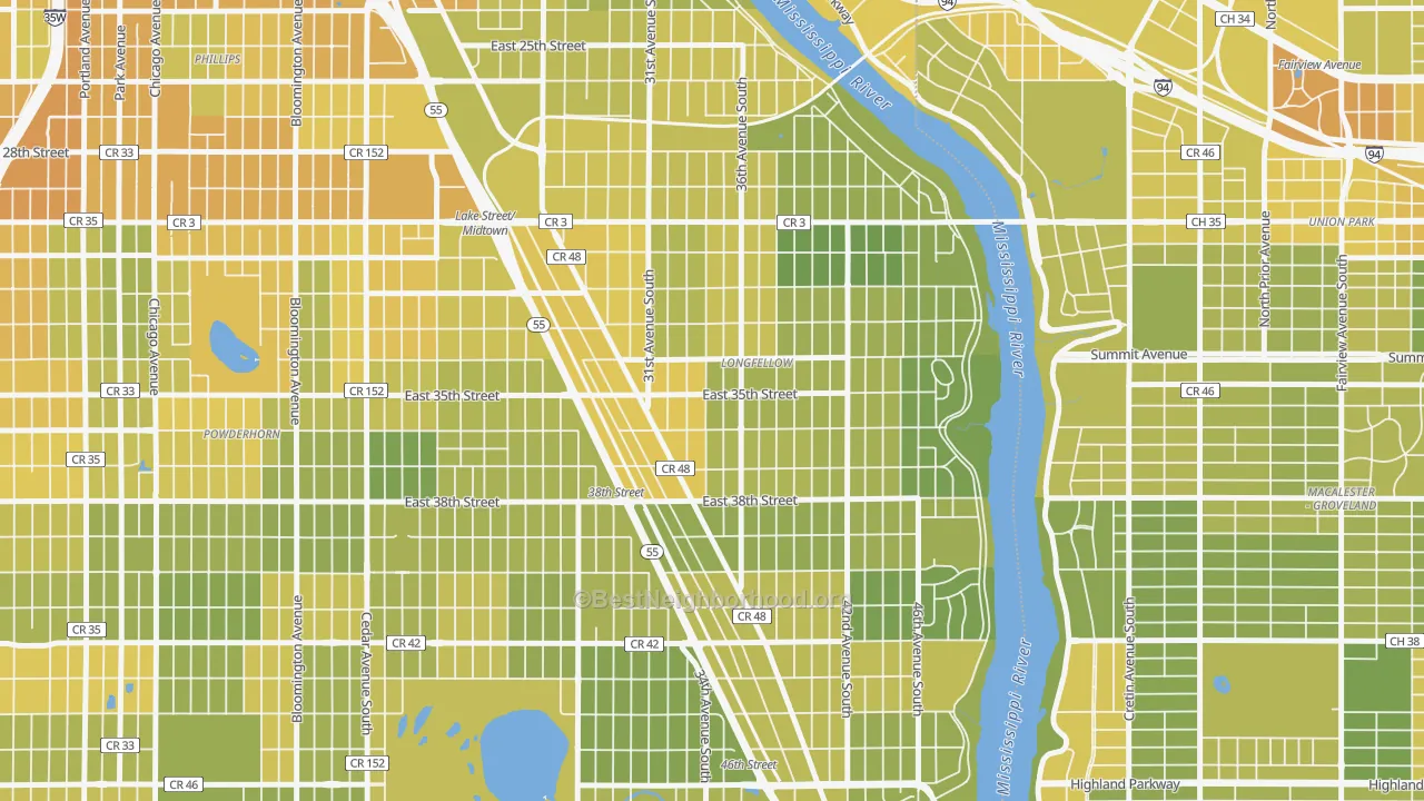 Map of the best neighborhoods in the 55406 area, with better matches in green and worse matches in red