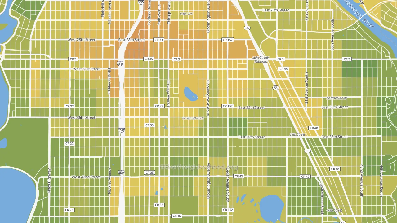 Map of the best neighborhoods in the 55407 area, with better matches in green and worse matches in red