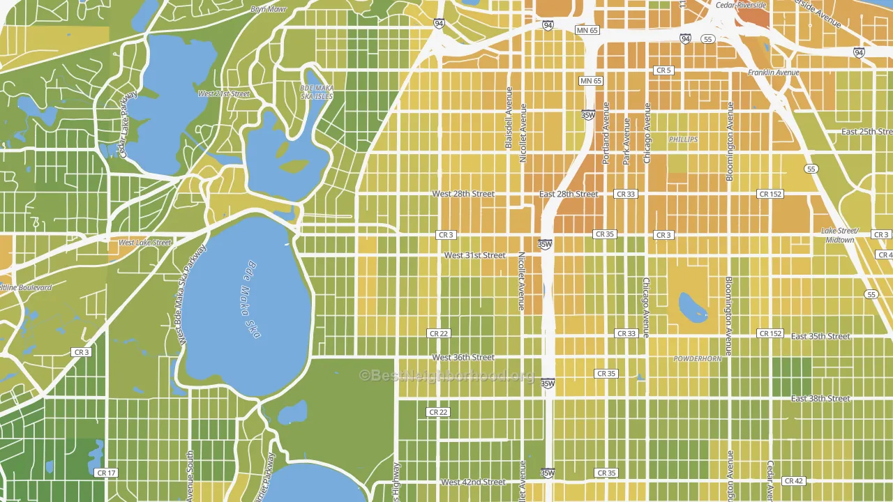 Map of the best neighborhoods in the 55408 area, with better matches in green and worse matches in red
