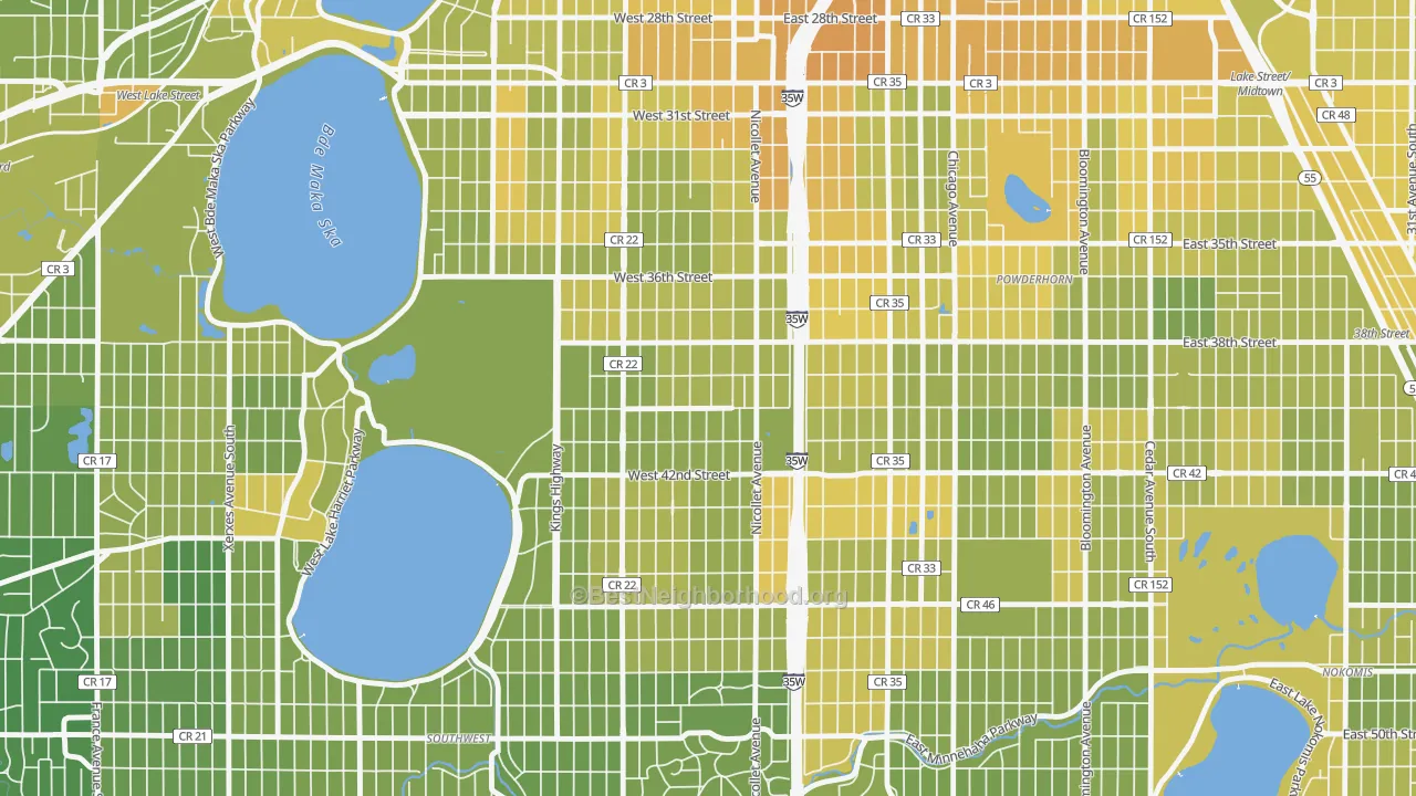 Map of the best neighborhoods in the 55409 area, with better matches in green and worse matches in red