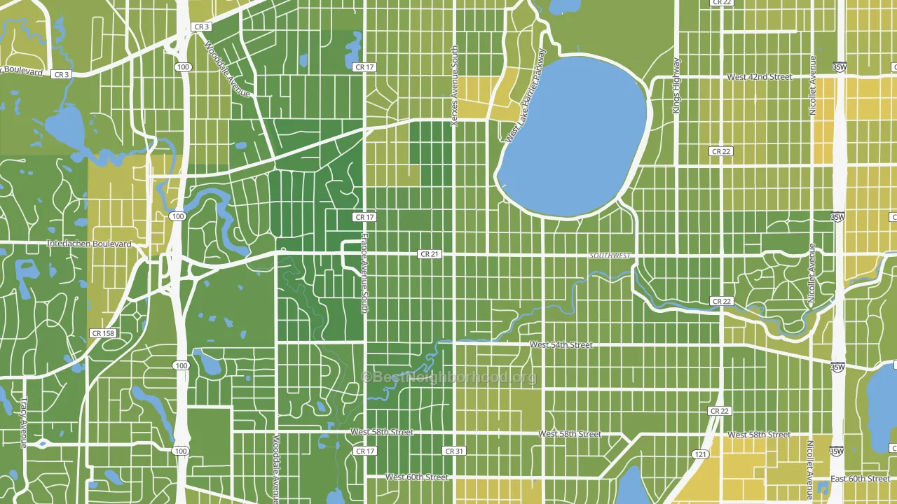 Map of the best neighborhoods in the 55410 area, with better matches in green and worse matches in red