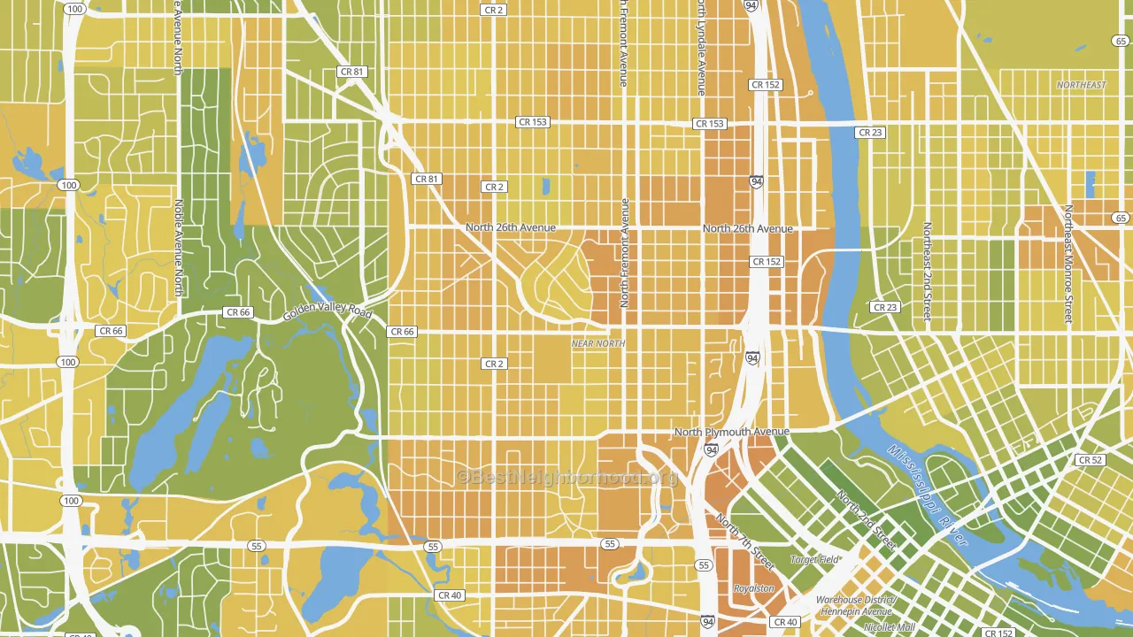 Map of the best neighborhoods in the 55411 area, with better matches in green and worse matches in red